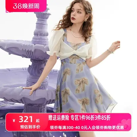 妖精的口袋欧根纱泡泡袖连衣裙女2023夏新款方领设计感度假风裙子图片