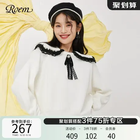 Roem秋冬新品商场同款甜美蝴蝶领结时尚休闲小众娃娃领毛针织衫女图片