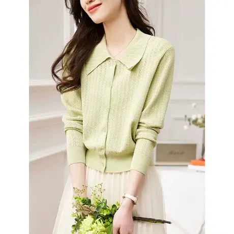 时尚气质翻领针织长袖开衫2023年春季新款女士温柔显瘦通勤上衣商品大图