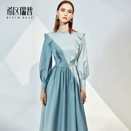 希区高端法式连衣裙2023秋冬新款女装气质收腰复古灯笼袖大摆伞裙图片
