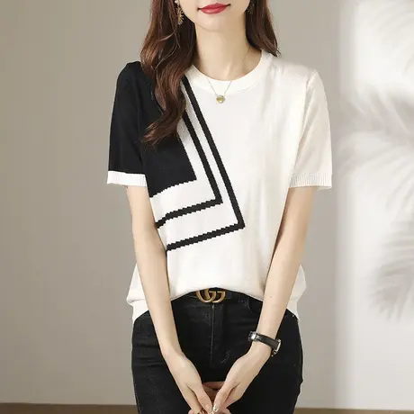 针织衫短袖T恤短款小衫上衣女夏季圆领不规则设计感小众宽松体恤商品大图