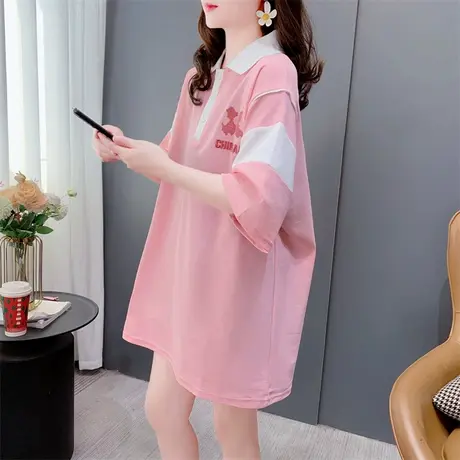 中长款日系polo衫短袖t恤女夏季2023新款宽松刺绣减龄休闲上衣ins图片