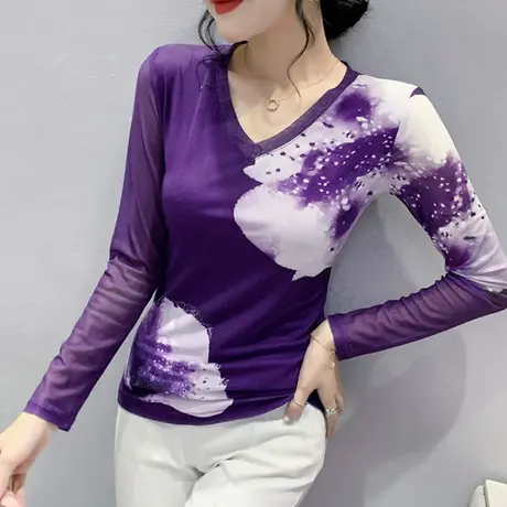 气质网纱打底衫女士妈妈装时尚V领印花短袖T恤女别致漂亮显瘦上衣商品大图