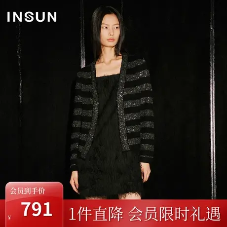 恩裳COVER2023秋季新款简约亮片香风撞色条纹开衫V领舒适针织衫女图片