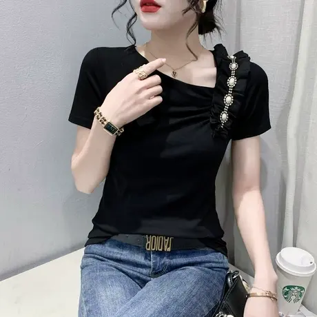 女装2023新款气质斜领T恤短袖纯色百搭显瘦小衫设计感荷叶边上衣商品大图