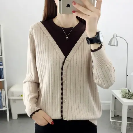 假两件上衣2023年春装新款洋气拼色宽松毛衣百搭针织打底衫时尚女图片