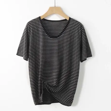 软糯轻薄天鹅颈圆形鸭蛋领条纹撞色针织衫短袖女薄款夏季针织T恤商品大图