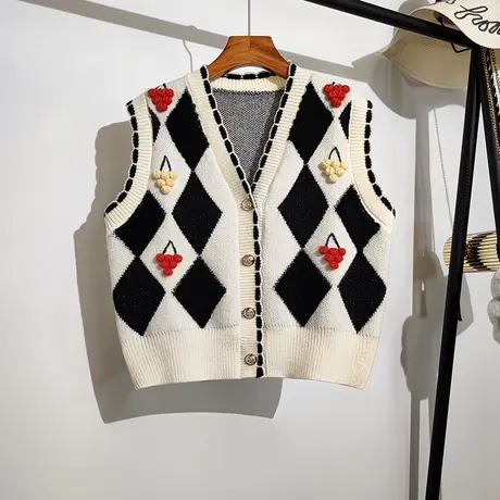 菱形格针织马甲开衫女秋冬新款v领无袖坎肩樱桃毛衣背心马夹外套商品大图