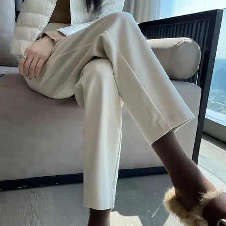 米白色毛呢烟管裤女秋冬新款高腰直筒宽松显瘦休闲百搭哈伦萝卜裤商品大图
