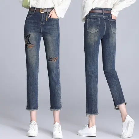 港风小脚牛仔裤女早秋2023高腰绣花毛边直筒裤舒适修身大码烟管裤商品大图