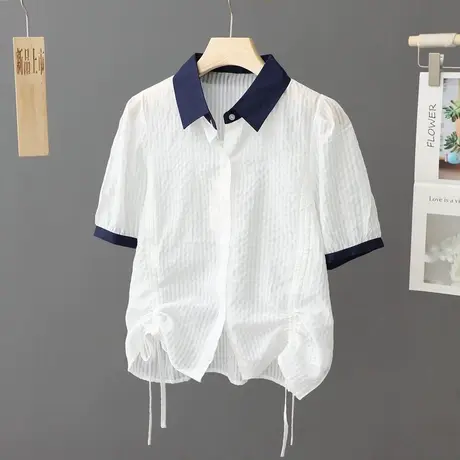 洋气法式白色衬衫女短袖系带上衣2023夏季新款短款小个子衬衣小衫图片