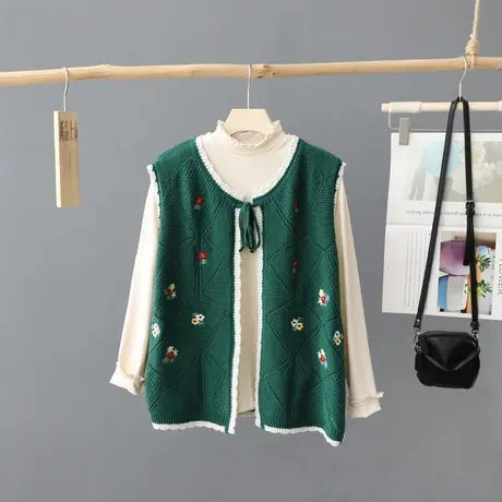 文艺小清新刺绣无袖针织马甲女背心圆领无扣毛衣开衫宽松坎肩马夹图片