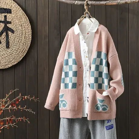 枫谜2022年秋冬新款文艺复古休闲V领单排扣格子针织毛线开衫外套图片