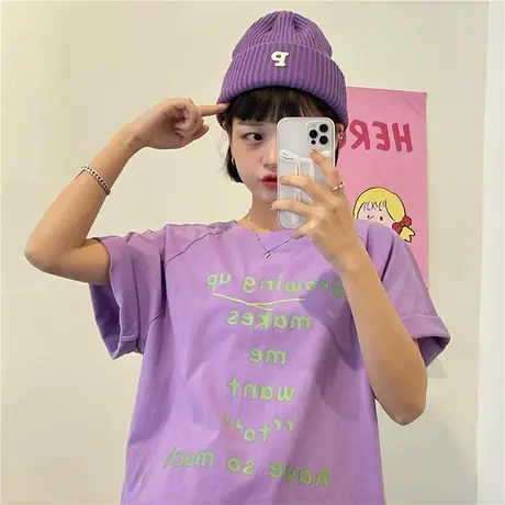 红续2023年夏季新款原宿学院风短袖T恤女上衣简约字母宽松小个子图片