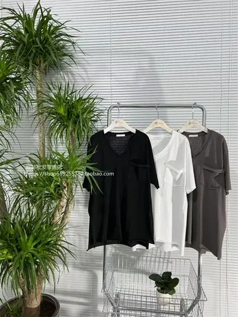 欧货2023V领口袋纯色开衩短袖T恤女宽松中长款ins极简风百搭上衣商品大图