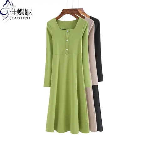 春秋季新款圆领长袖打底连衣裙小心机纯色桔梗裙纯棉内搭裙女装商品大图