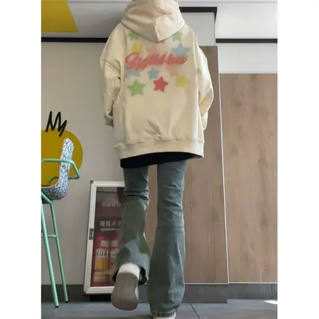 美式连帽星星印花卫衣女春秋薄款2023新款宽松慵懒风高街上衣外套商品大图