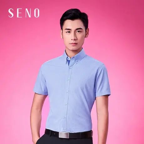 seno蓝色清凉竹纤维男士衬衣韩版修身扣领小格子衬衫男短袖商务商品大图
