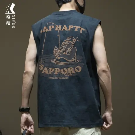 希越趣味卡通钓鱼印花背心男夏季坎肩上衣宽松加大码纯棉无袖T恤商品大图