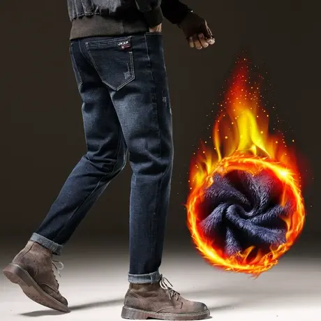 男裤子秋冬季弹力高端牛仔长裤男士加绒加厚保暖修身小脚休闲外穿商品大图