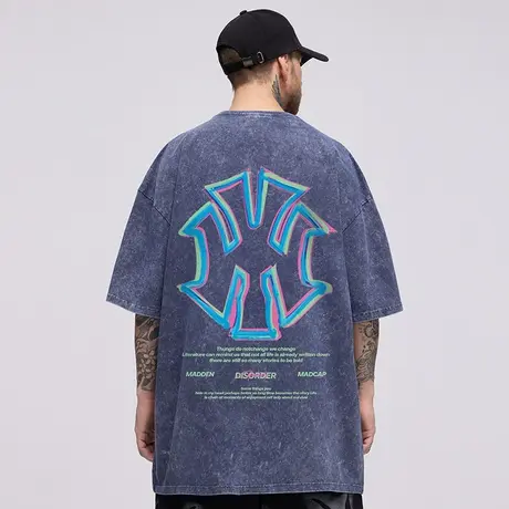 oversize美式重磅潮牌胖子男加肥加大码宽松水洗做旧复古短袖T恤商品大图