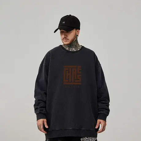 美式重磅圆领大码卫衣男复古纯棉水洗做旧潮牌胖子春秋季2023新款图片