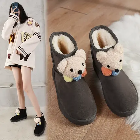 雪地靴女绒面冬季短筒厚底靴子2023新款加绒加厚学生卡通小熊棉鞋图片