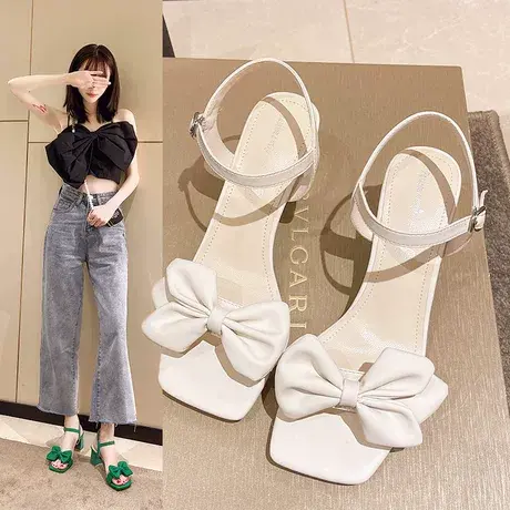 蝴蝶结凉鞋女2023年夏季新款仙女风软皮方头一字扣带粗跟高跟女鞋图片