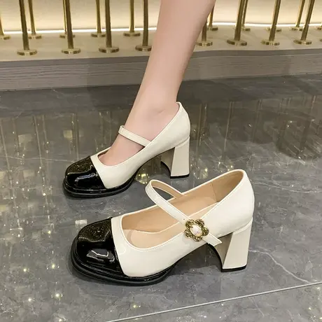 2023年秋季百搭仙女风浅口玛丽珍鞋皮面方头粗跟单鞋小个子高跟鞋商品大图