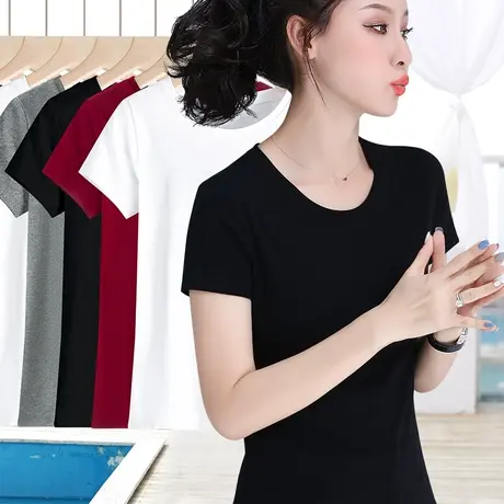 螺纹黑色修身t恤女2024年春夏季胖mm大码女装内搭百搭上衣打底衫商品大图