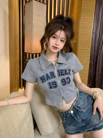 大码美式复古华夫格短袖上衣女夏新款拉链开衫短款显瘦POLO衫T恤图片