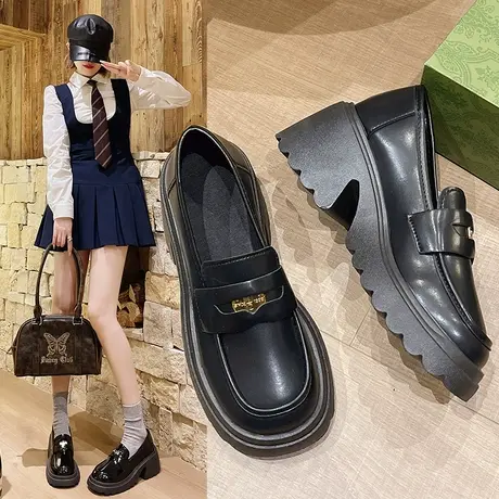 英伦风小皮鞋女2024新款春季一脚蹬女鞋单鞋子厚底粗跟黑色乐福鞋商品大图