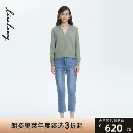 朗姿/LANCY商场同款22春夏新款V领针织开衫泡泡袖女士外套女正品图片