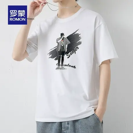 罗蒙男士纯棉短袖T恤夏季薄款印花圆领大码半袖男装上衣服冰丝体t图片