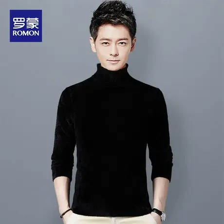 罗蒙男士水貂绒毛衣冬季新款可翻高领保暖打底上衣高弹力针织衫潮商品大图