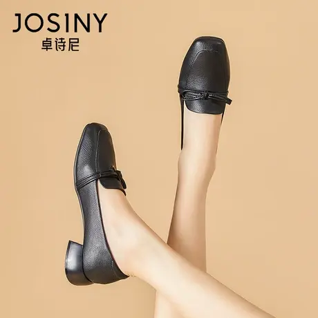 卓诗尼粗跟乐福鞋女2023年秋季款方头单鞋蝴蝶结通勤工作鞋小皮鞋商品大图