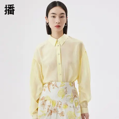 播翻领衬衫女2023夏季新款衬衫领侧摆开叉纽扣装饰宽松长袖上衣商品大图