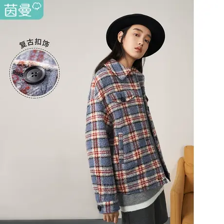 【商场同款】茵曼休闲女2023冬季新款格纹翻领绵羊毛混纺毛呢外套图片