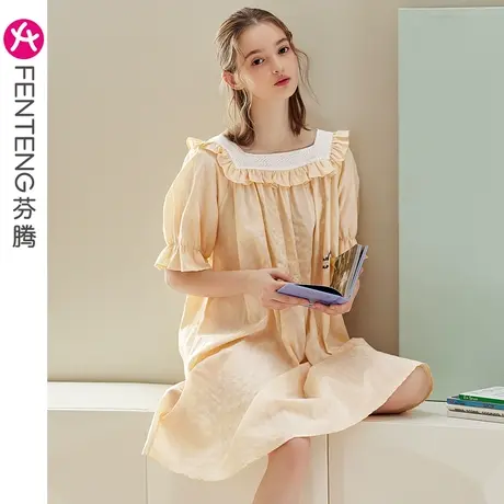 芬腾睡裙女夏季棉质短袖薄款中长裙韩版甜美可外穿少女家居服睡衣商品大图