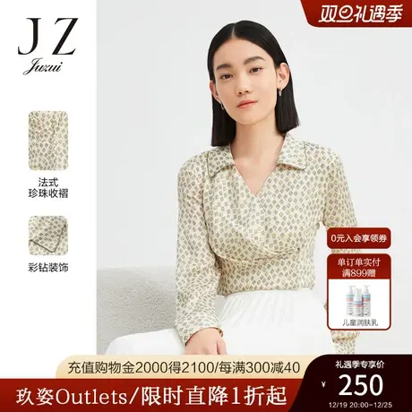 JZ玖姿复古几何雪纺衫女装2022夏季新款翻领女人味优雅褶饰小衫薄商品大图