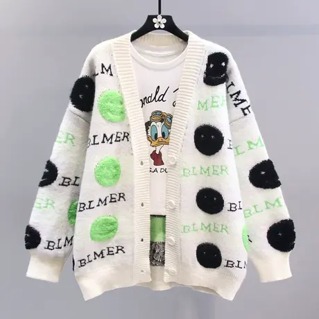 日系复古卡通笑脸毛衣外套女2023新款早春宽松外搭中长款针织开衫图片