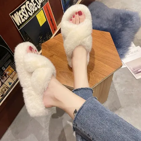 厚底增高防滑毛毛拖鞋女外穿秋冬时尚百搭毛绒保暖交叉棉拖鞋女鞋商品大图