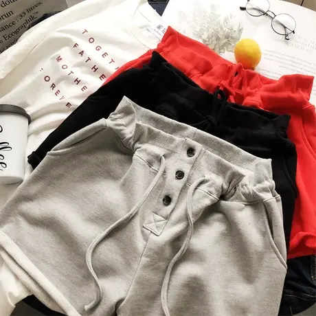 2021春夏款韩国东大门chic简约扣子毛圈棉高腰短裤休闲欧洲站大码商品大图