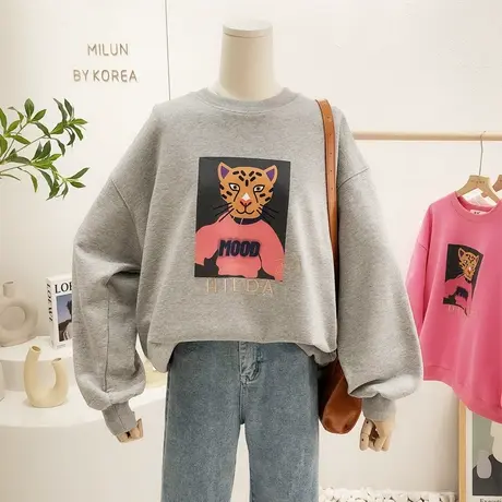 2022春季新款韩国东大门ins油画豹纹老虎毛圈棉卫衣慵懒大码欧货图片