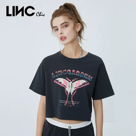 商场同款LINC金羽杰t恤女2023年夏秋季新款蝴蝶印花圆领短袖T恤女商品大图
