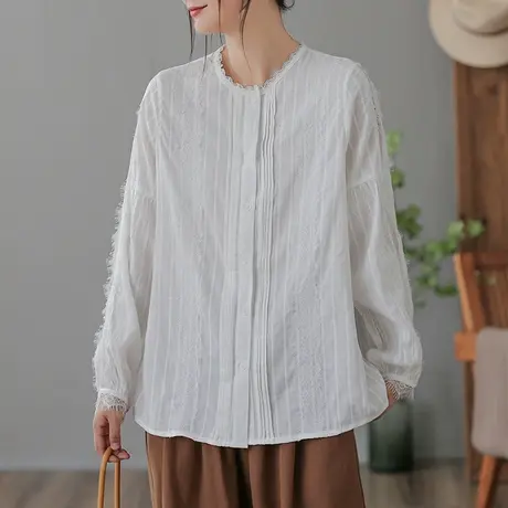 dza 复古设计感荷叶领白色长袖衬衫女士春秋内搭上衣宽松显瘦衬衣图片