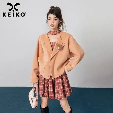 KEIKO 落日橘色双面羊绒外套女短款2023秋冬小熊扎花羊毛呢外套商品大图