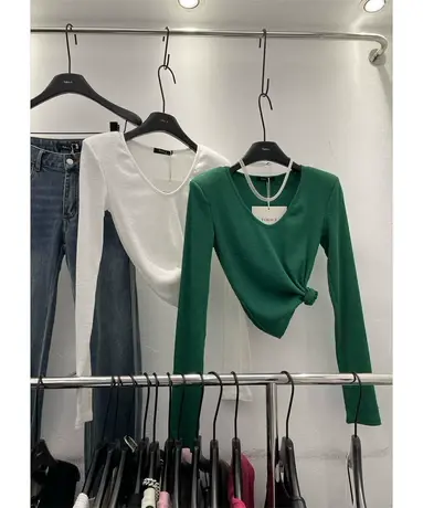 韩国东大门针织打底衫女性感时髦2023早秋新款长袖t恤女V领ins黑商品大图