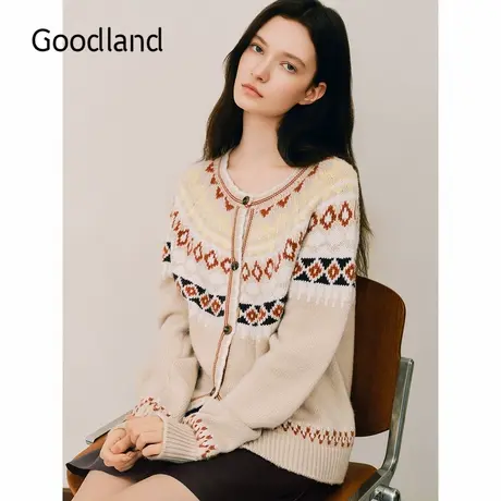 【费尔岛纹】Goodland美地2024冬季新款羊毛上衣撞色提花针织开衫商品大图