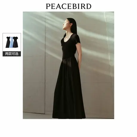 太平鸟拼接连衣裙女夏新款时尚针织裙短袖收腰假两件小黑裙图片